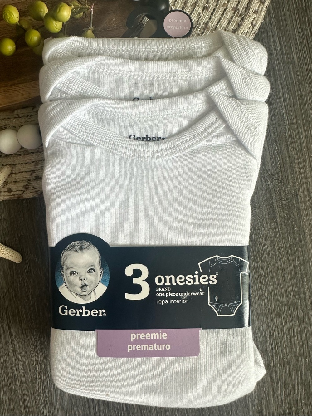 Gerber 3-Pack White Preemie Onesies NWT